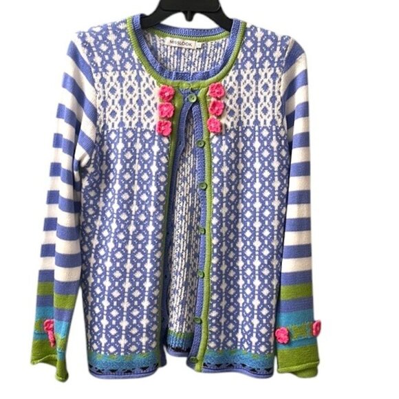Misslook Light Blue Multi Pattern Button Down Knit Cardigan Sweater NWOT Small - Picture 1 of 10